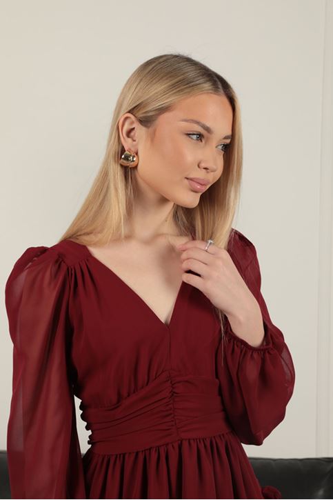 Şifon Kumaş Mini Elbise-Bordo