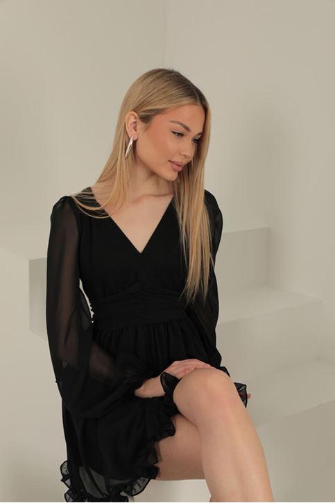 Şifon Kumaş Mini Elbise-Siyah