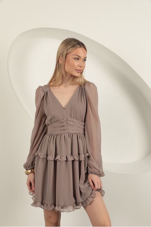 Şifon Kumaş Mini Elbise-Vizon