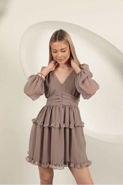 Şifon Kumaş Mini Elbise-Vizon