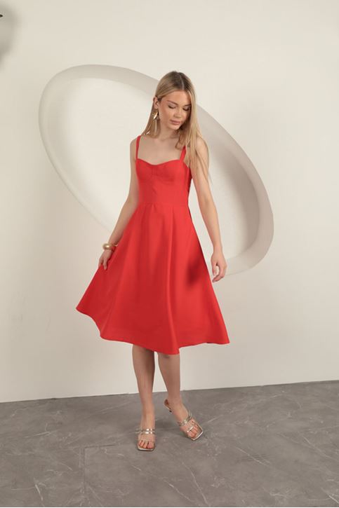 Askılı Midi Elbise-Kırmızı