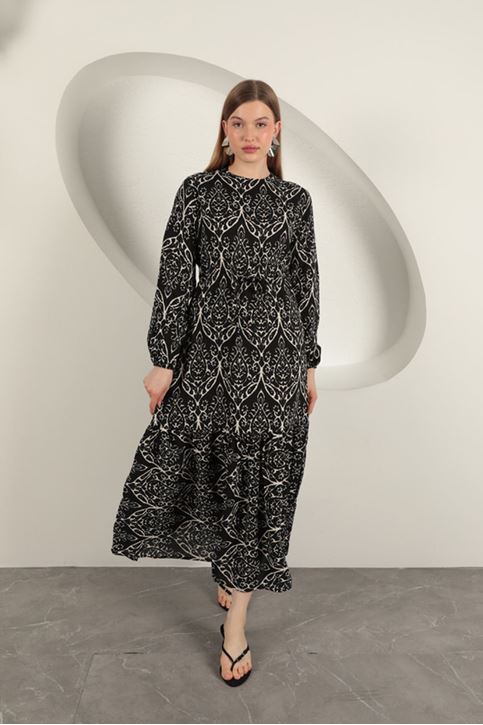 Viscose Fabric Patterned Dress-Black/Ecru