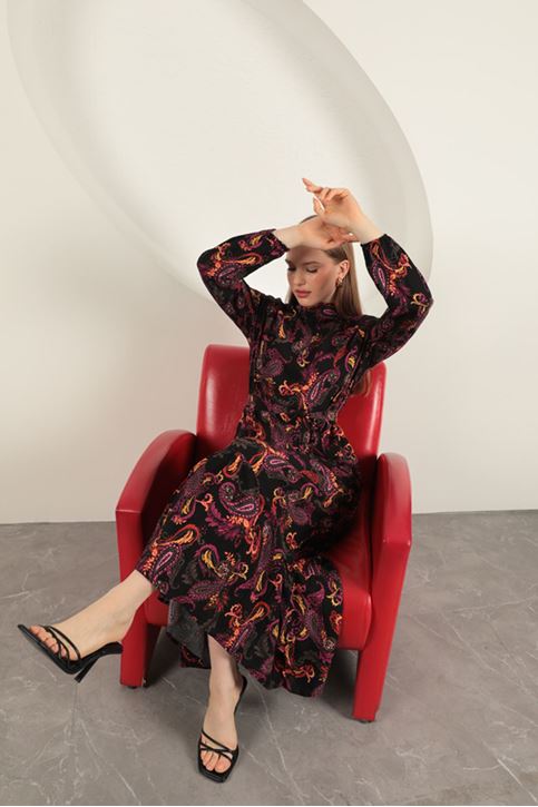 Viscose Fabric Shawl Patterned Dress-Fuchsia