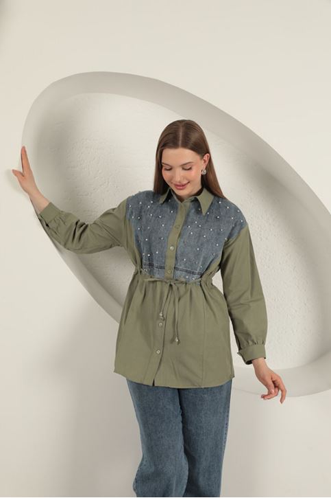Poplin Fabric Front Pearl Detailed Khaki Women's Shirt