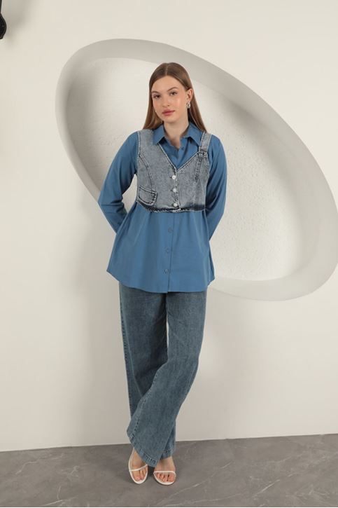 Poplin Fabric Vest Detailed Indigo Women's Shirt