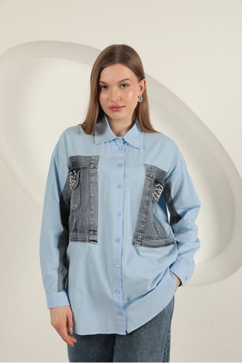 Poplin Fabric Denim Garnished Blue Women's Shirt