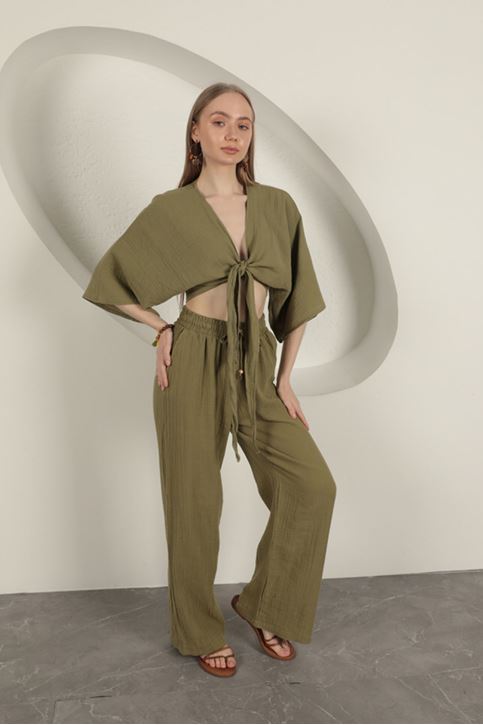 Müslin Kumaş Bol Paça Kadın Pantolon-Haki