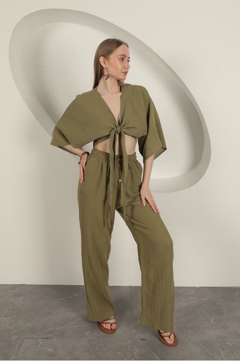 بنطلون نسائي واسع الساق - كاكي