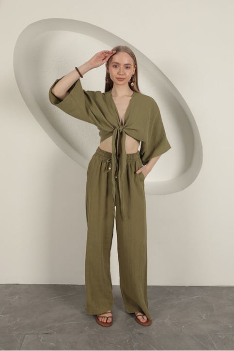 Müslin Kumaş Bol Paça Kadın Pantolon-Haki