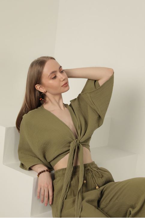 Müslin Kumaş Kimono-Haki
