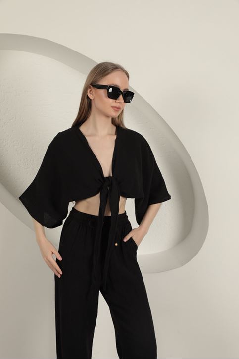 Müslin Kumaş Kimono-Siyah