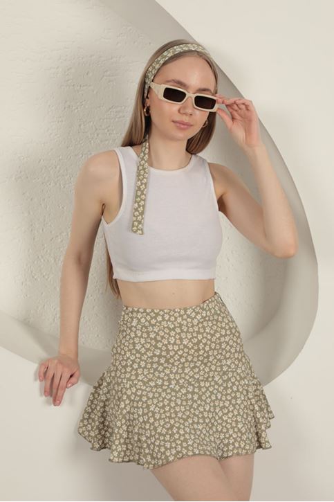 Bürümcük Papatya Desen Şort Etek-Haki