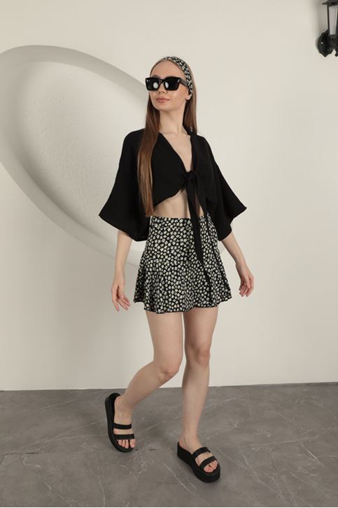 Bürümcük Papatya Desen Şort Etek-Siyah