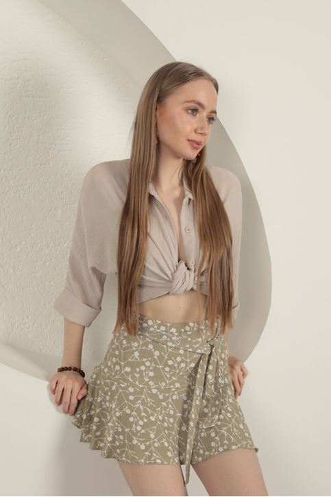 Bürümcük Kumaş Şort Etek-Haki