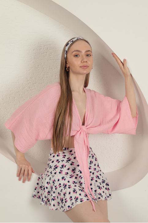 Bürümcük Çiçek Desen Şort Etek-Fuşya