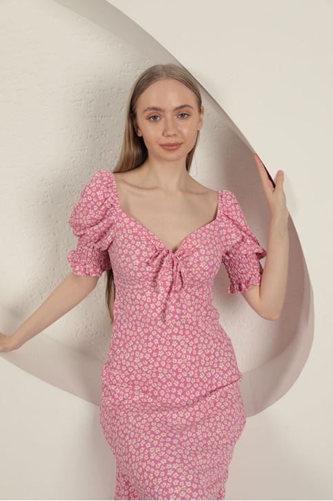 Bürümcük Kolu Gipeli Elbise-Fuşya