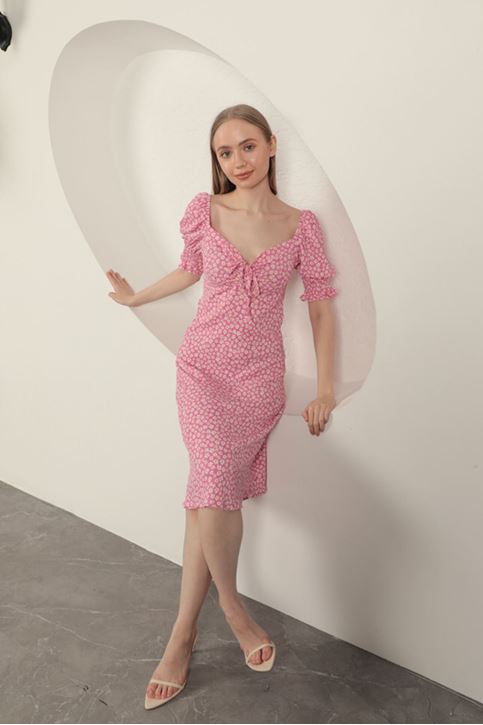 Bürümcük Kolu Gipeli Elbise-Fuşya