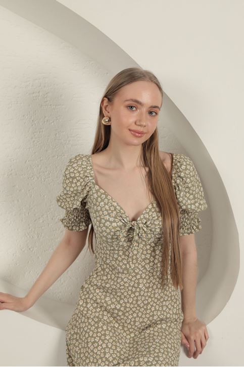 Bürümcük Kolu Gipeli Elbise-Haki