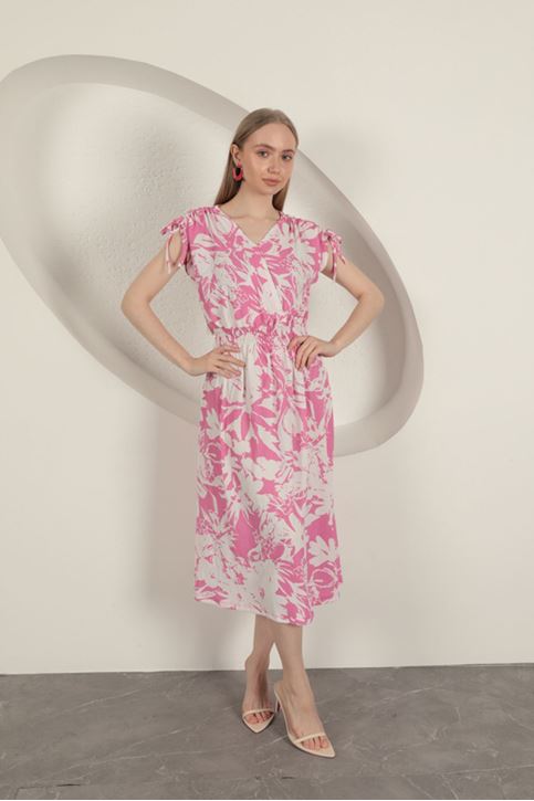 Bürümcük Kumaş Omuz Büzgülü Elbise-Fuşya