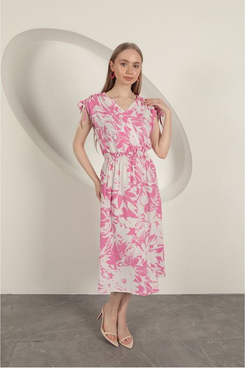 Bürümcük Kumaş Omuz Büzgülü Elbise-Fuşya