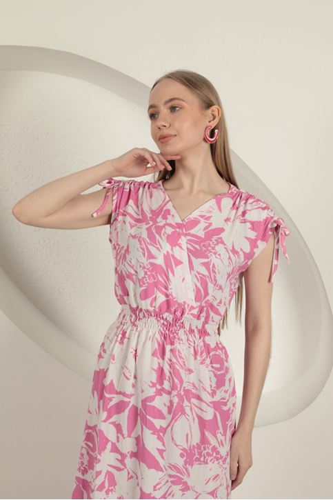 Bürümcük Kumaş Omuz Büzgülü Elbise-Fuşya