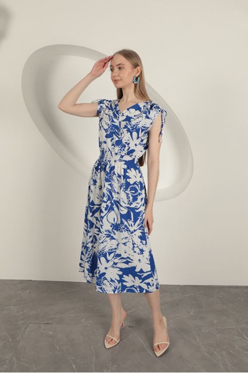 Bürümcük Kumaş Omuz Büzgülü Elbise-Saks