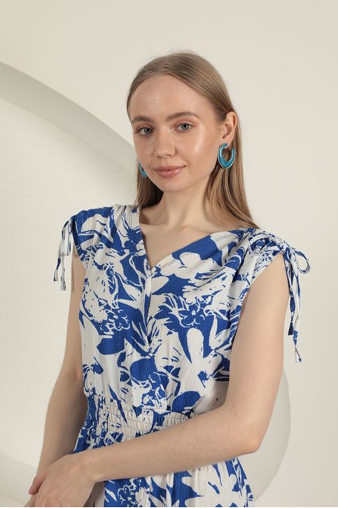 Bürümcük Kumaş Omuz Büzgülü Elbise-Saks