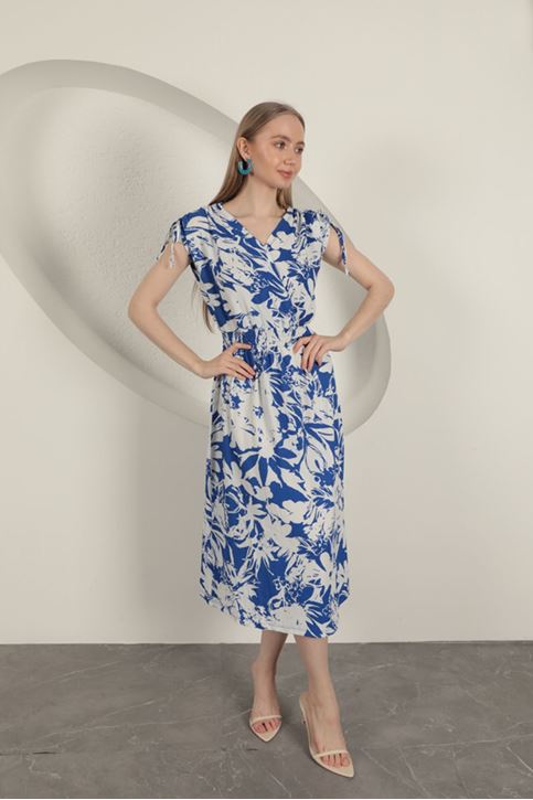 Bürümcük Kumaş Omuz Büzgülü Elbise-Saks