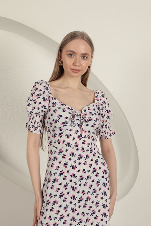 Bürümcük Çıtır Çiçek Desen Elbise-Fuşya