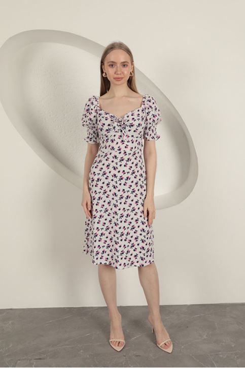 Bürümcük Çıtır Çiçek Desen Elbise-Fuşya