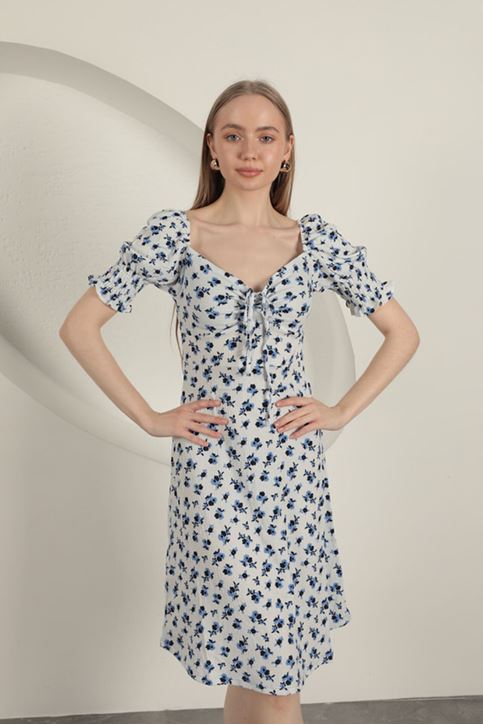 Bürümcük Çıtır Çiçek Desen Elbise-Saks