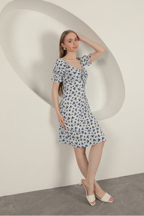 Bürümcük Çıtır Çiçek Desen Elbise-Saks