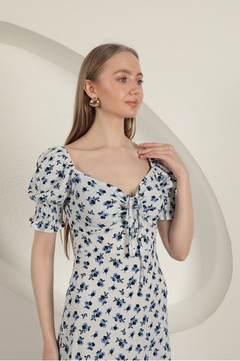 Bürümcük Çıtır Çiçek Desen Elbise-Saks