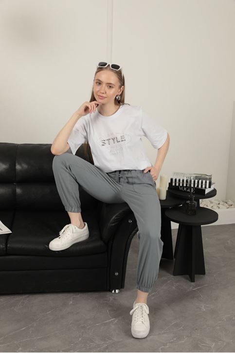 Gabardin Kumaş Paçası Lastikli Kadın Pantolon-Gri