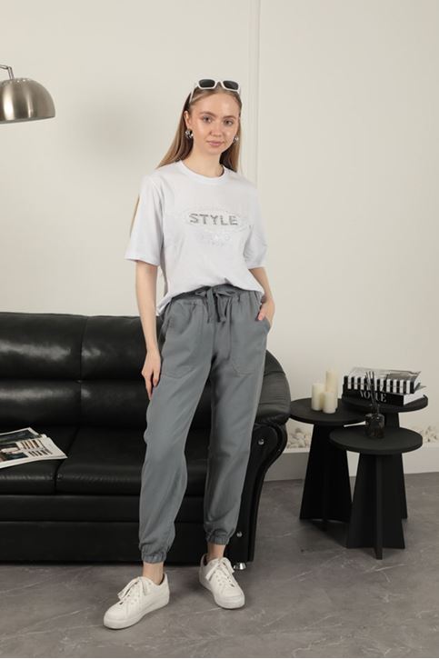Gabardin Kumaş Paçası Lastikli Kadın Pantolon-Gri