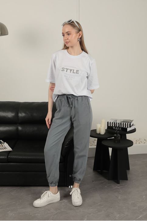 Gabardin Kumaş Paçası Lastikli Kadın Pantolon-Gri