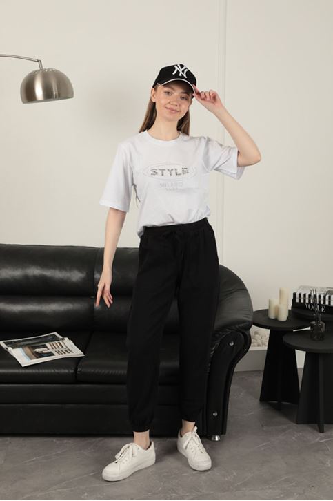 Gabardin Kumaş Paçası Lastikli Kadın Pantolon-Siyah