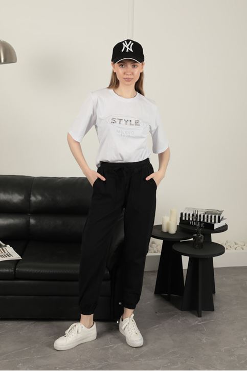 Gabardin Kumaş Paçası Lastikli Kadın Pantolon-Siyah