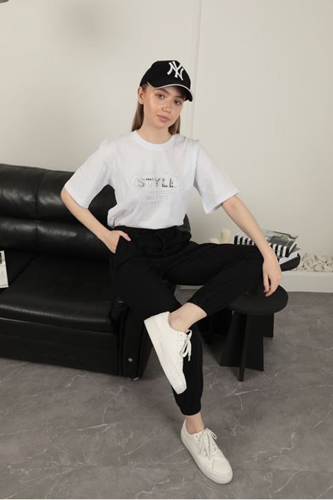 Gabardin Kumaş Paçası Lastikli Kadın Pantolon-Siyah