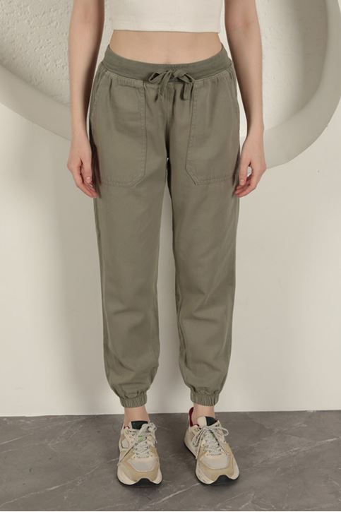 Gabardin Kumaş Paçası Lastikli Kadın Pantolon-Haki