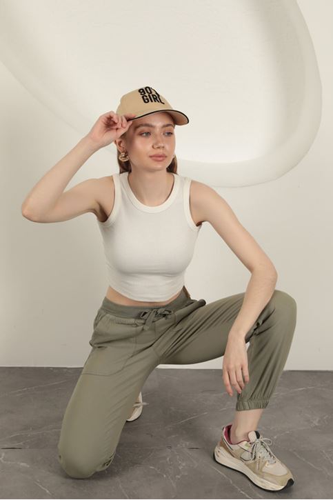 Gabardin Kumaş Paçası Lastikli Kadın Pantolon-Haki