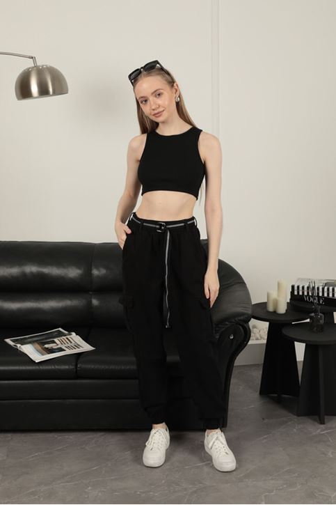 Gabardin Kumaş Kemerli Kargo Kadın Pantolon-Siyah