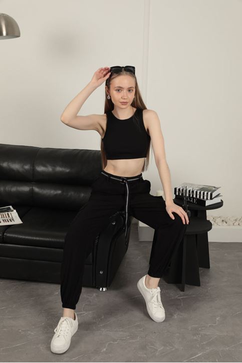 Gabardin Kumaş Kemerli Kargo Kadın Pantolon-Siyah