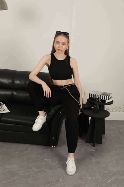 Gabardin Kumaş Kemerli Kargo Kadın Pantolon-Siyah