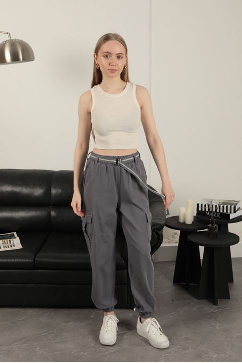 Gabardin Kumaş Kemerli Kargo Kadın Pantolon-Antrasit