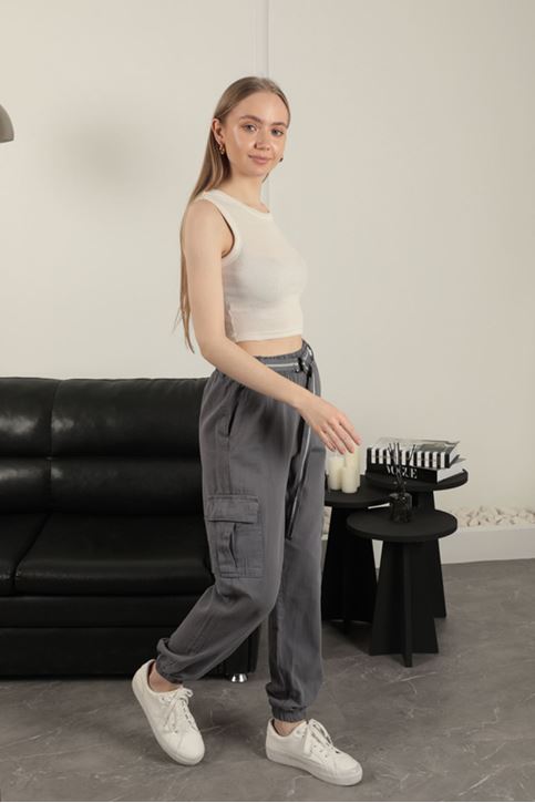 Gabardin Kumaş Kemerli Kargo Kadın Pantolon-Antrasit