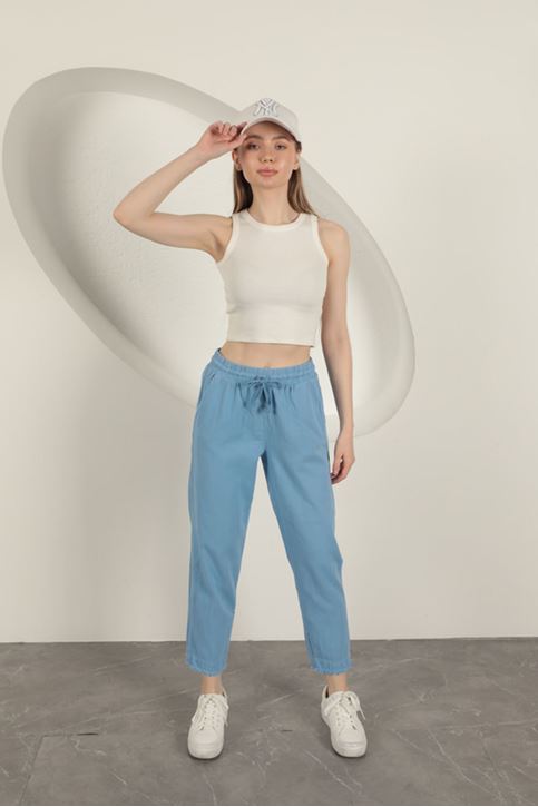 Gabardin Kumaş Püsküllü Kadın Pantolon-Mavi