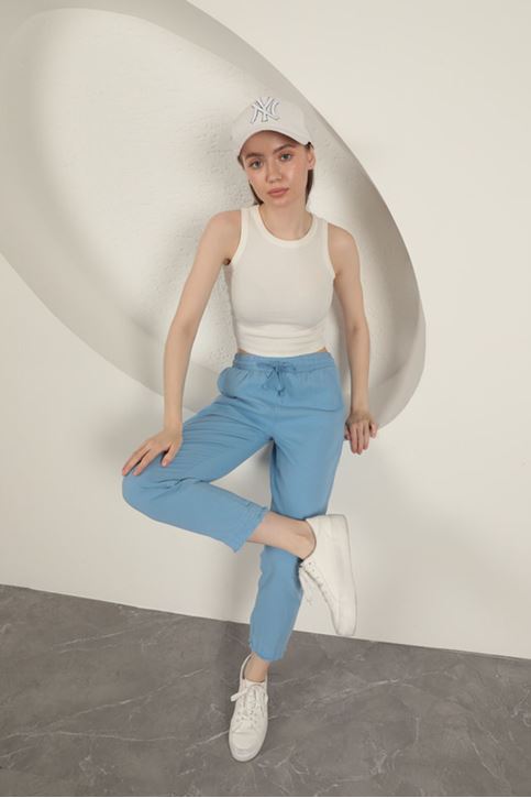 Gabardin Kumaş Püsküllü Kadın Pantolon-Mavi