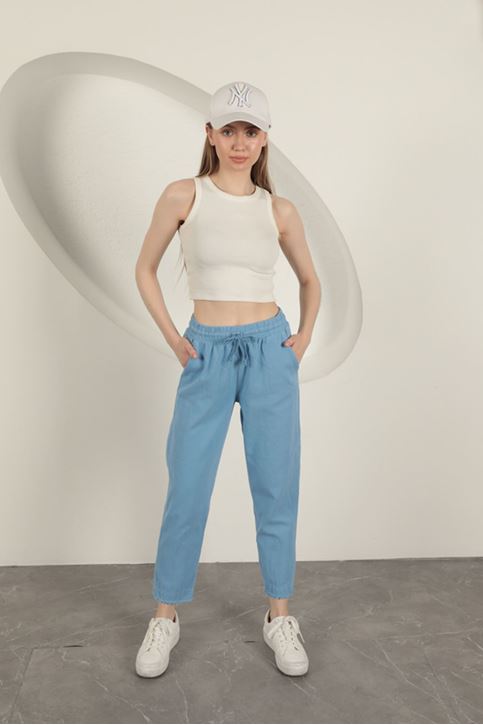 Gabardin Kumaş Püsküllü Kadın Pantolon-Mavi