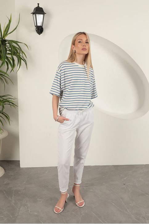 Gabardin Kumaş Püsküllü Kadın Pantolon-Beyaz